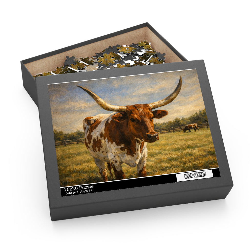Longhorn Cattle Jigsaw Puzzle – Rustic Farm Landscape (120/252/500-PC)