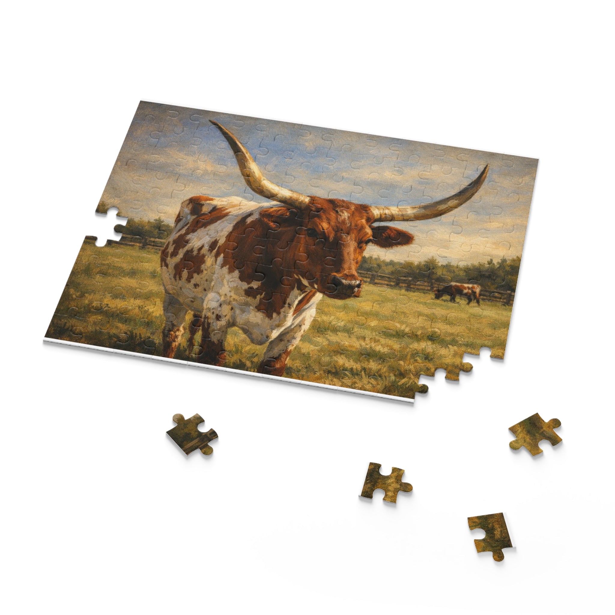 Longhorn Cattle Jigsaw Puzzle – Rustic Farm Landscape (120/252/500-PC)