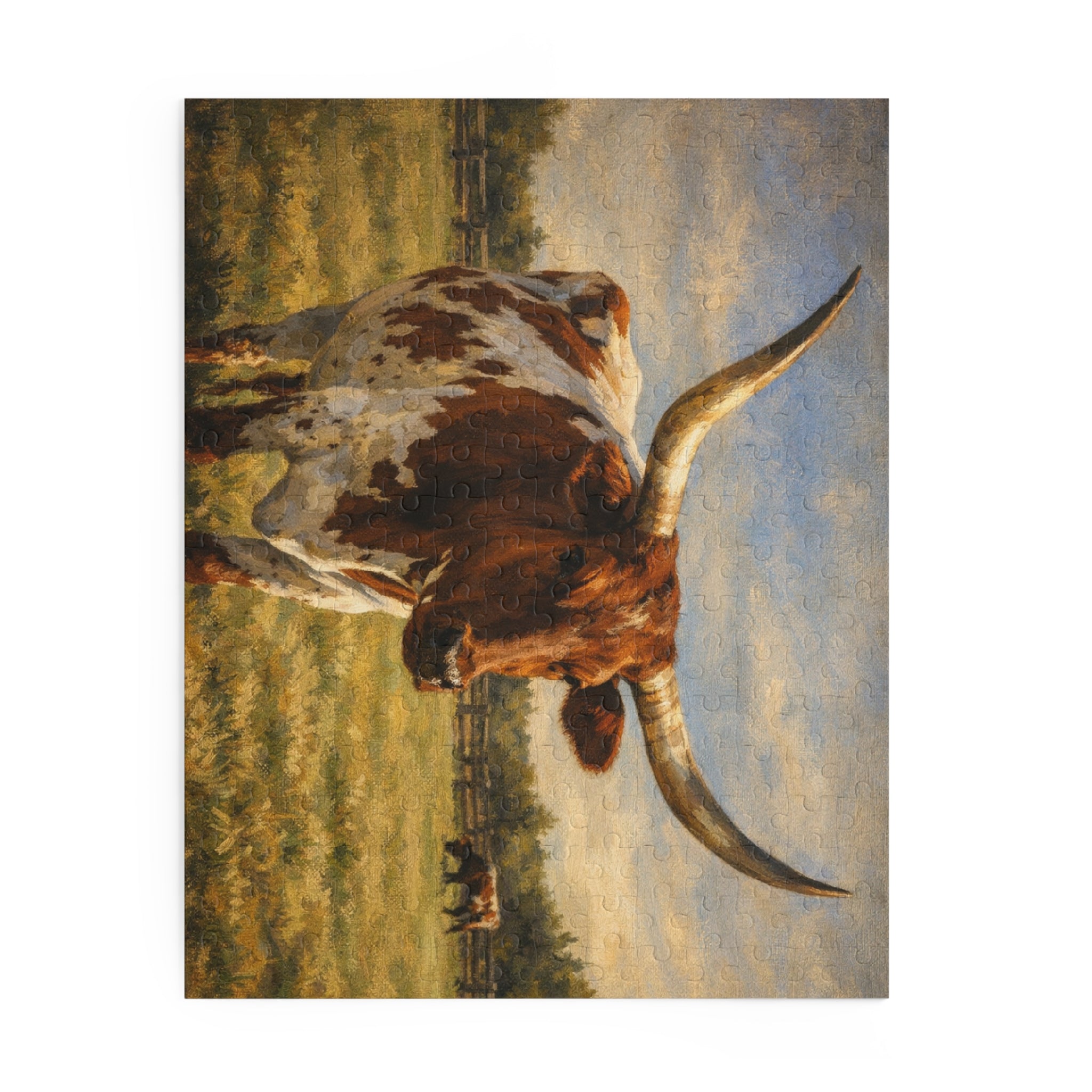 Longhorn Cattle Jigsaw Puzzle – Rustic Farm Landscape (120/252/500-PC)