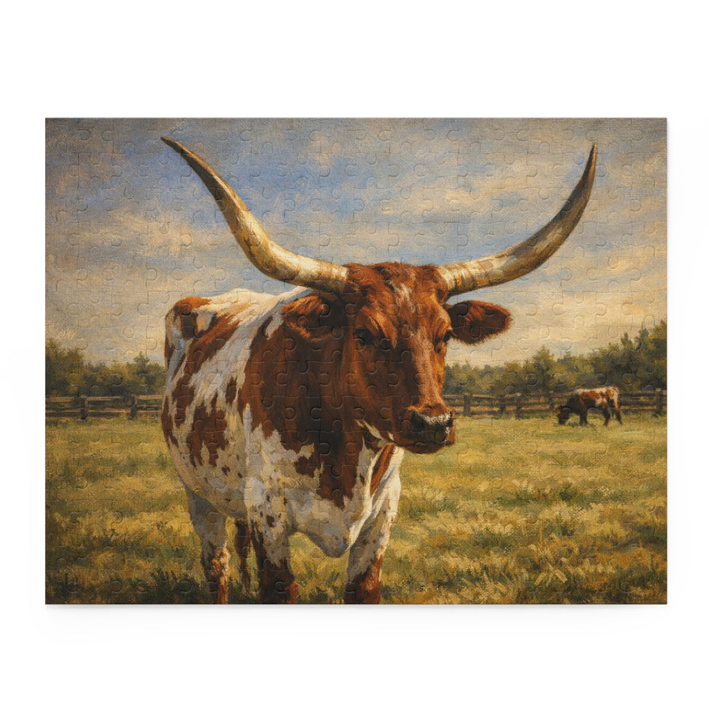 Longhorn Cattle Jigsaw Puzzle – Rustic Farm Landscape (120/252/500-PC)