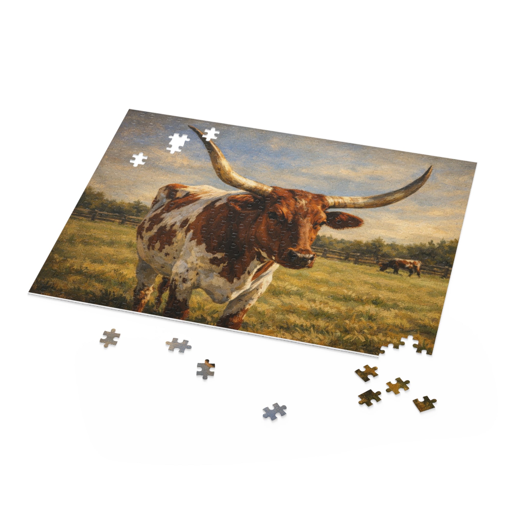 Longhorn Cattle Jigsaw Puzzle – Rustic Farm Landscape (120/252/500-PC)