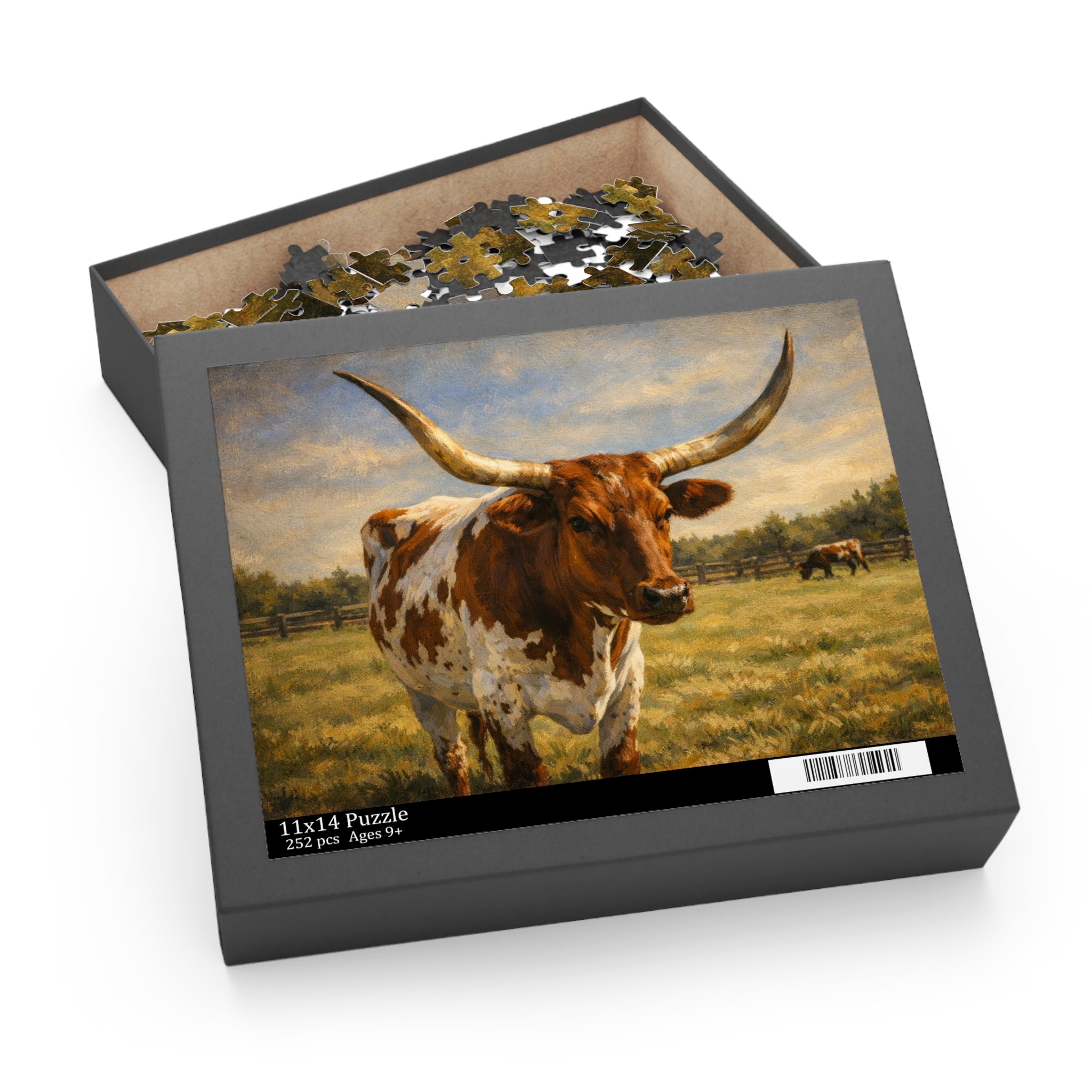 Longhorn Cattle Jigsaw Puzzle – Rustic Farm Landscape (120/252/500-PC)