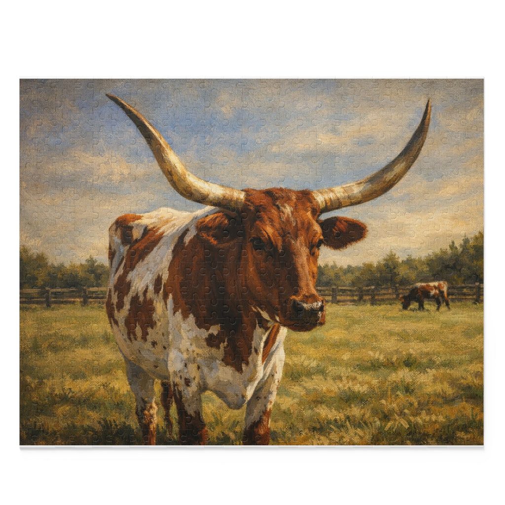 Longhorn Cattle Jigsaw Puzzle – Rustic Farm Landscape (120/252/500-PC)
