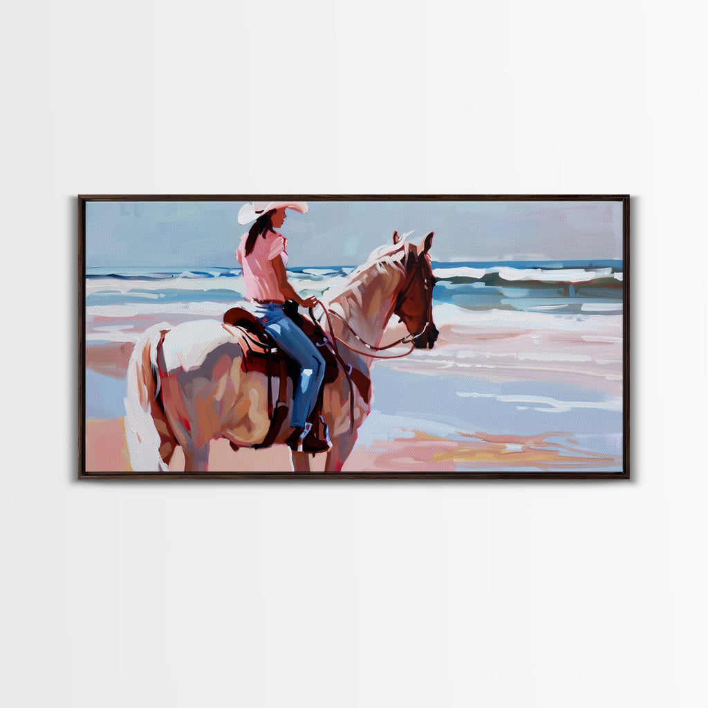 Horseback Riding by the Sea, Calm Framed Canvas Print, Perfect for Coastal Living Room Art, Beach Bedroom Decor, Equestrian Wall Art