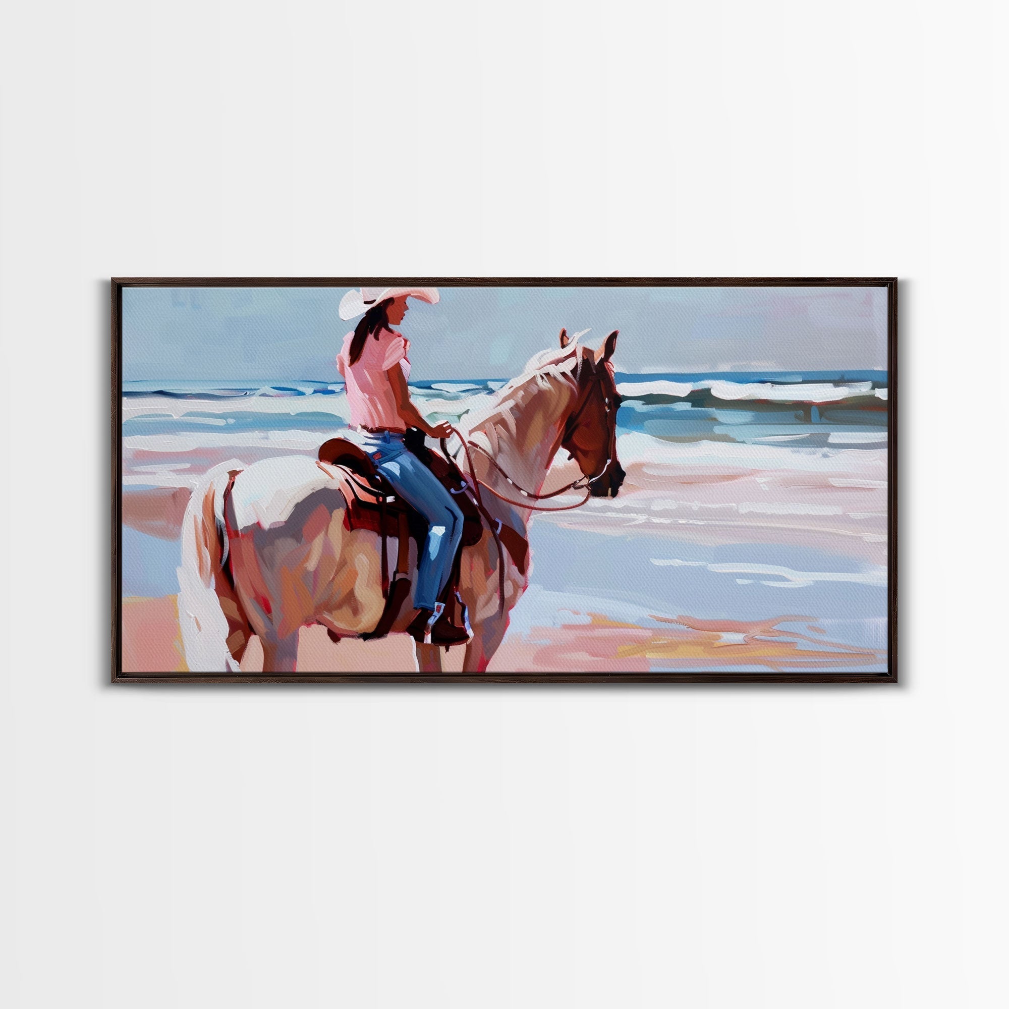 Horseback Riding by the Sea, Calm Framed Canvas Print, Perfect for Coastal Living Room Art, Beach Bedroom Decor, Equestrian Wall Art