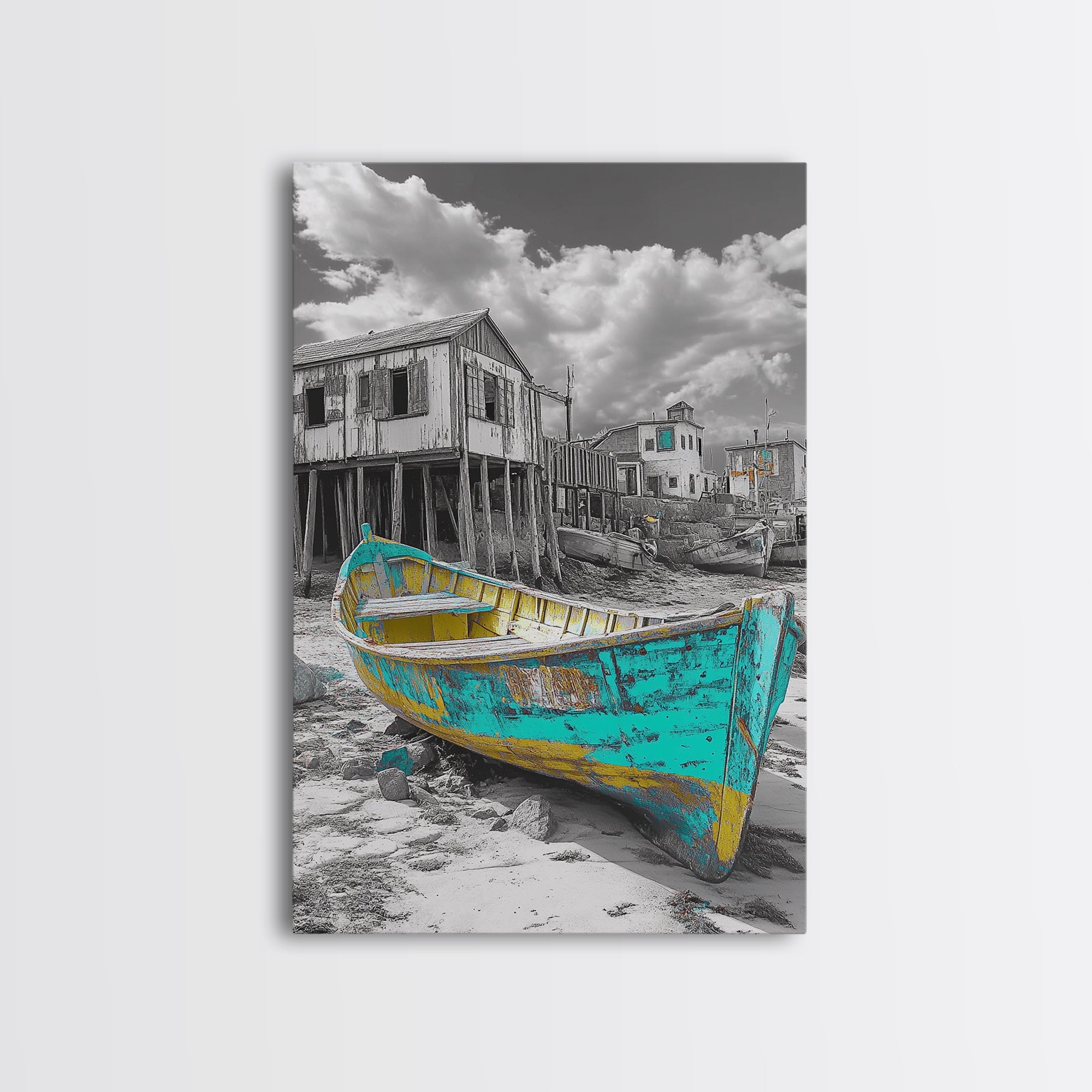 Rustic Boat, Coastal Village, Vintage Shore, Seaside Scene, Framed Canvas Print, Nautical Wall Art, Cottage Decor, Seaside Living