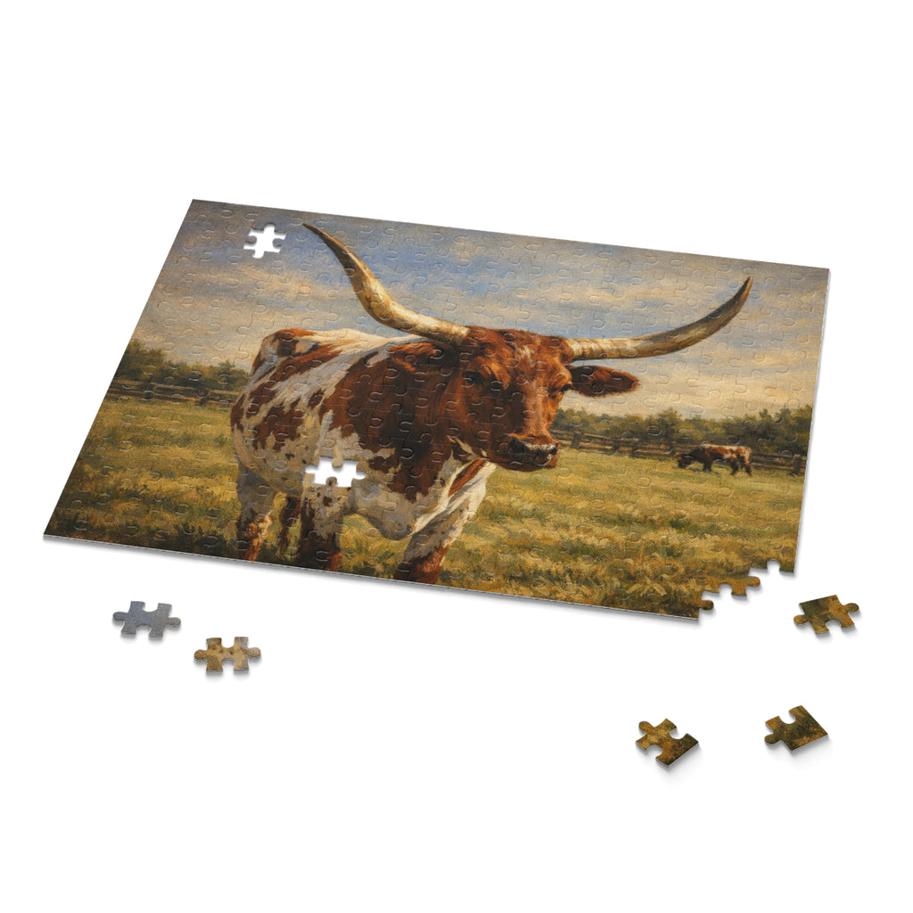 Longhorn Cattle Jigsaw Puzzle – Rustic Farm Landscape (120/252/500-PC)