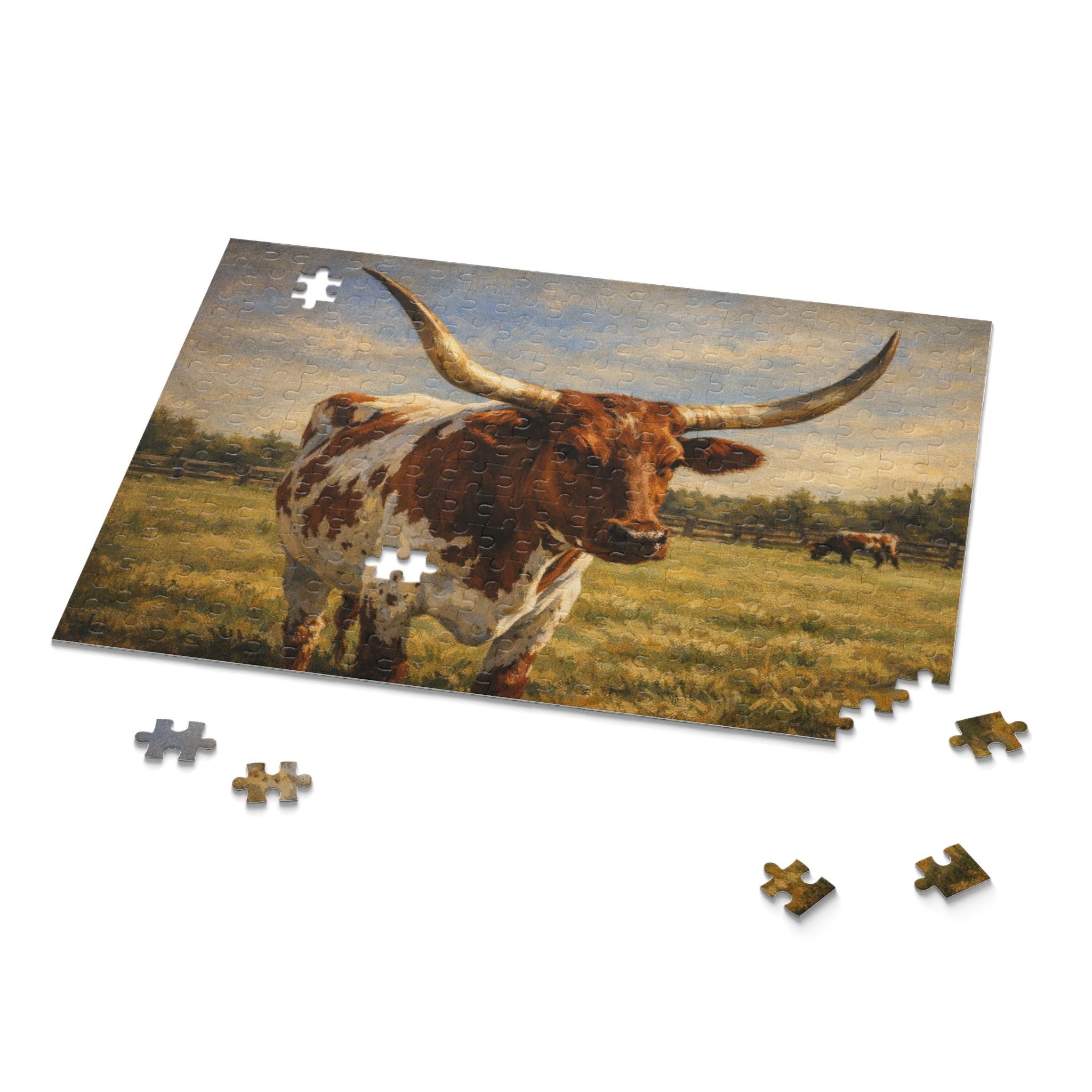 Longhorn Cattle Jigsaw Puzzle – Rustic Farm Landscape (120/252/500-PC)