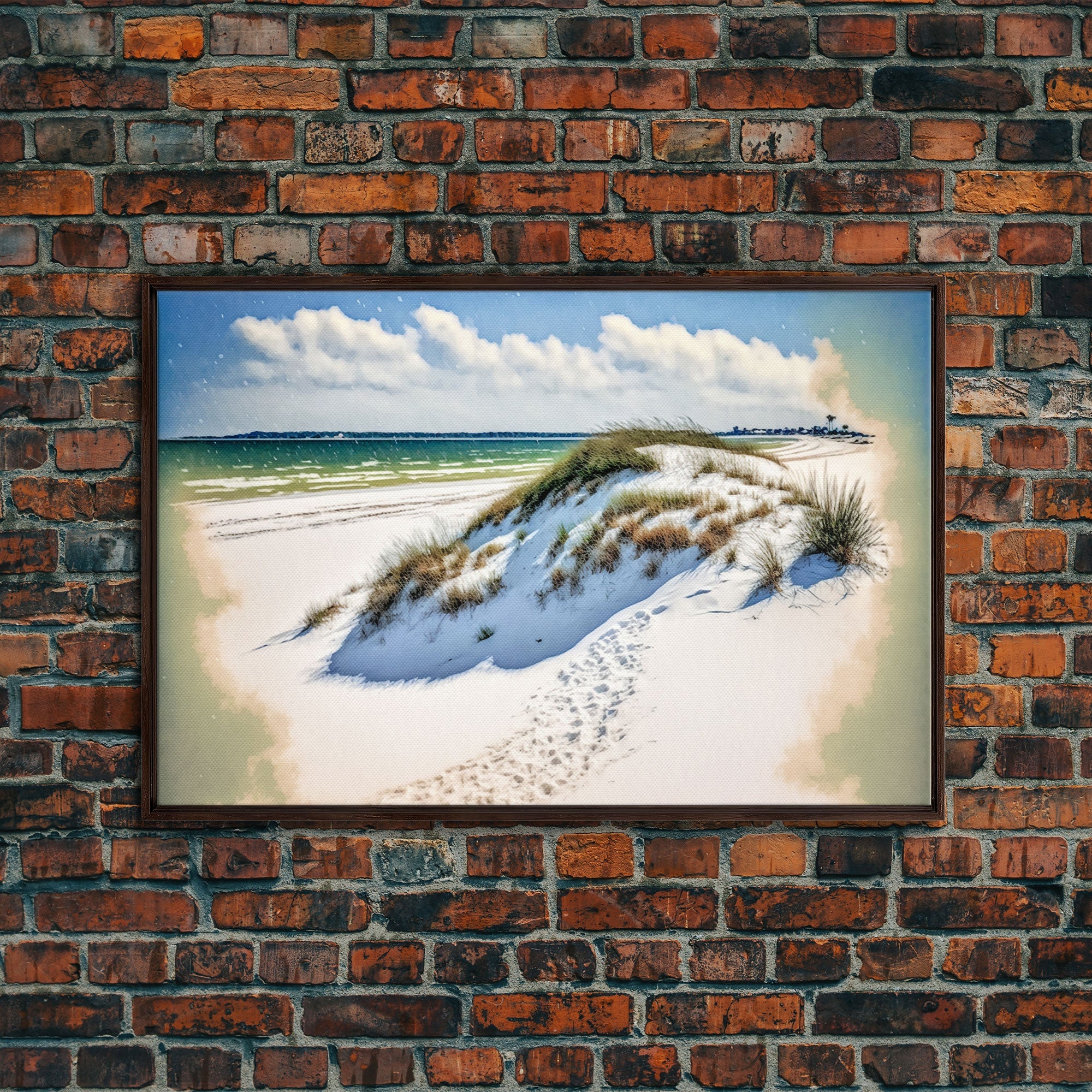 Whimsical watercolor of sand dunes on a beach, framed canvas print, beautiful living room wall art