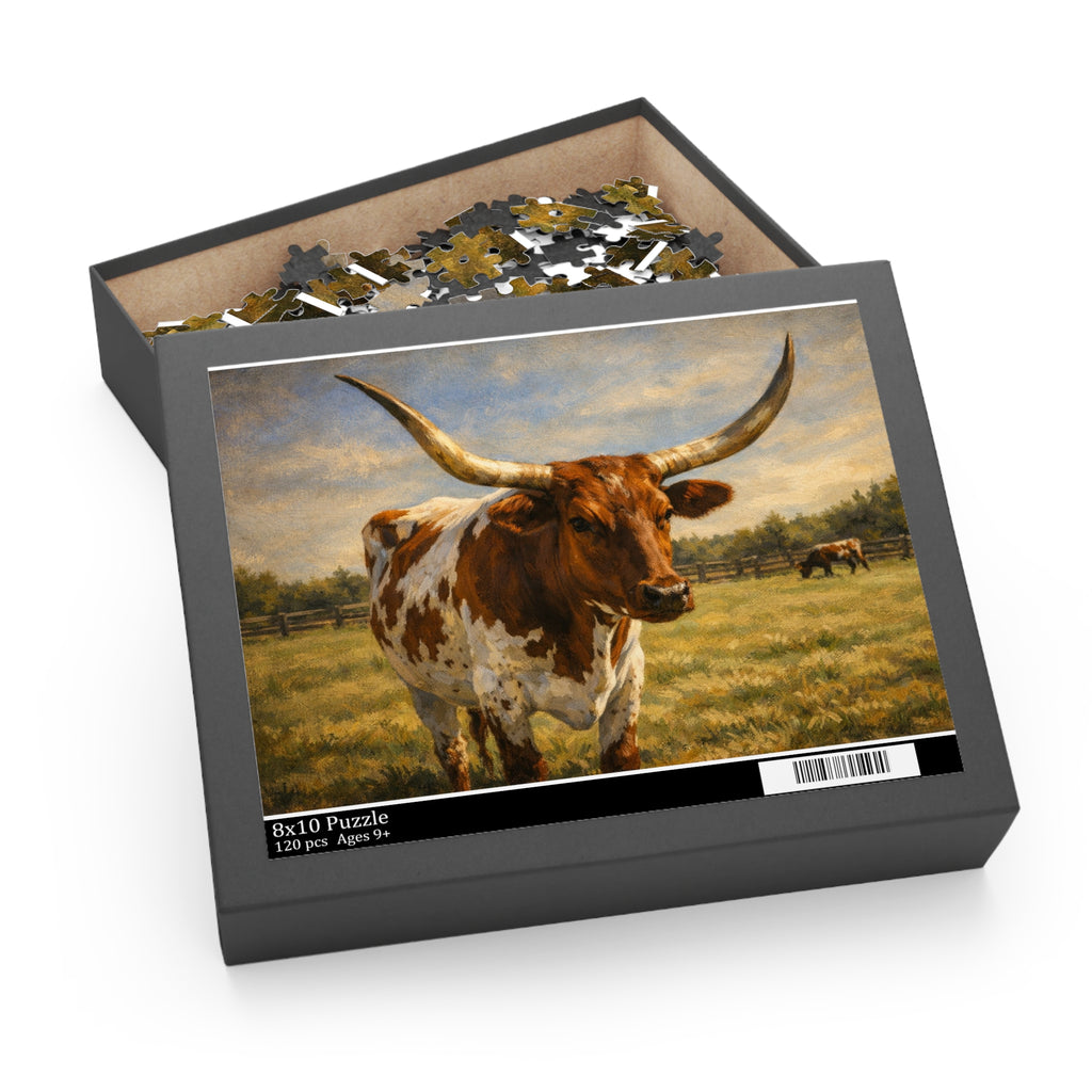 Longhorn Cattle Jigsaw Puzzle – Rustic Farm Landscape (120/252/500-PC)