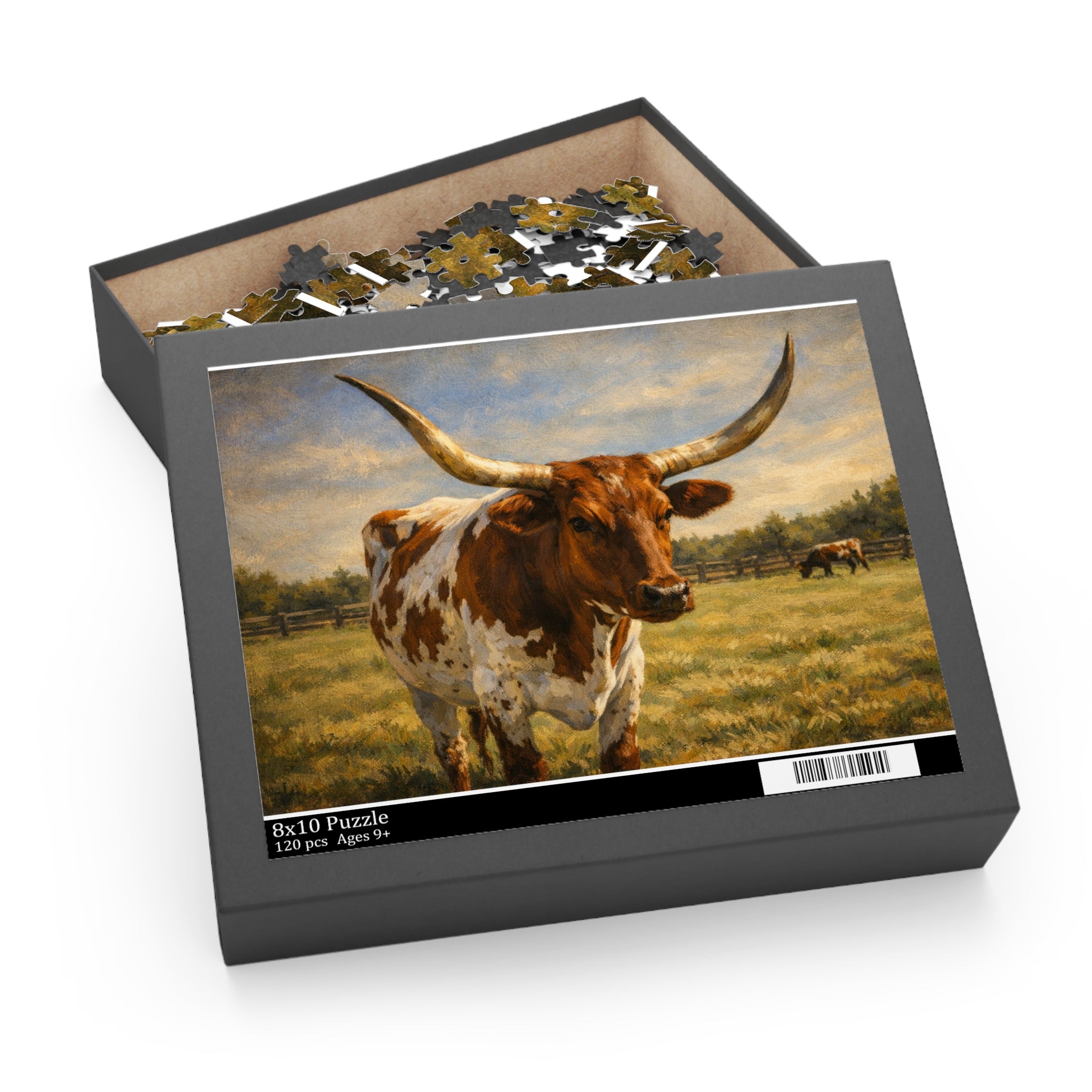 Longhorn Cattle Jigsaw Puzzle – Rustic Farm Landscape (120/252/500-PC)