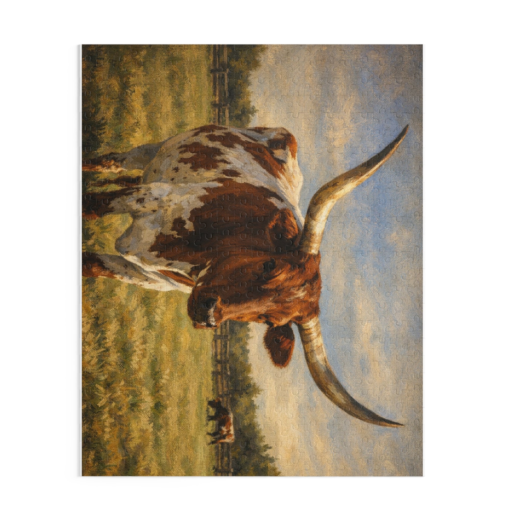 Longhorn Cattle Jigsaw Puzzle – Rustic Farm Landscape (120/252/500-PC)