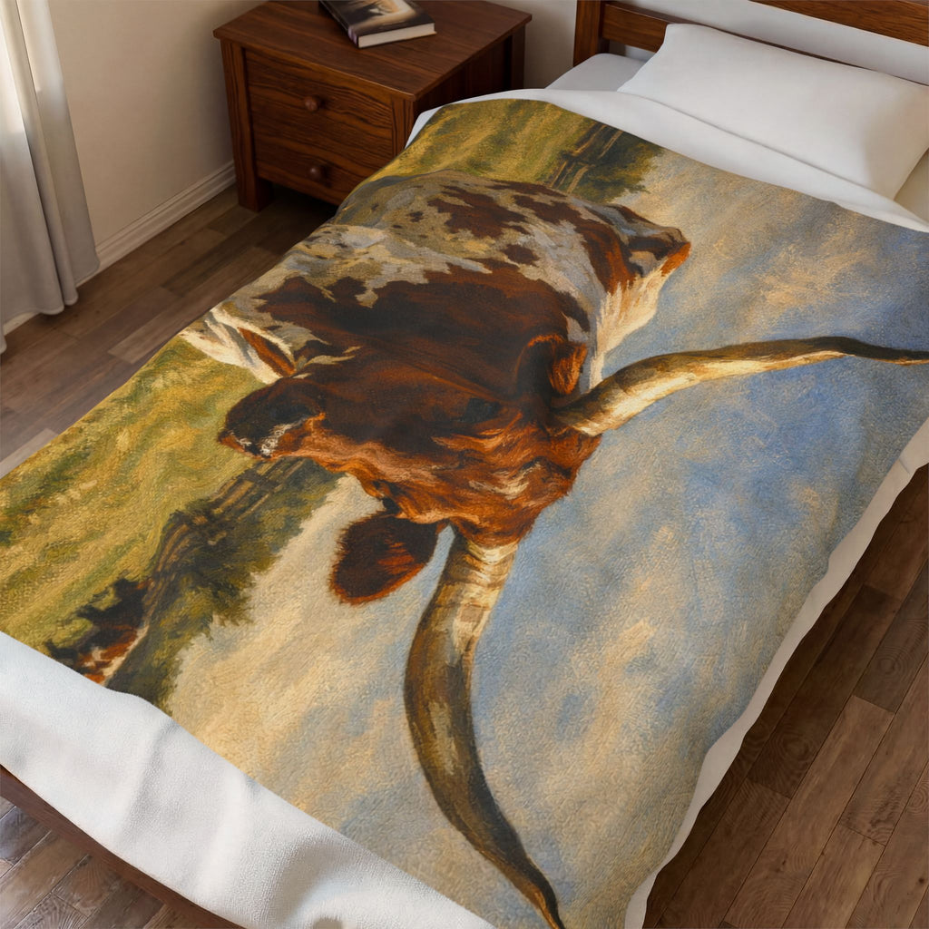 Longhorn Cattle Velveteen Plush Blanket — Western Ranch Rustic Throw