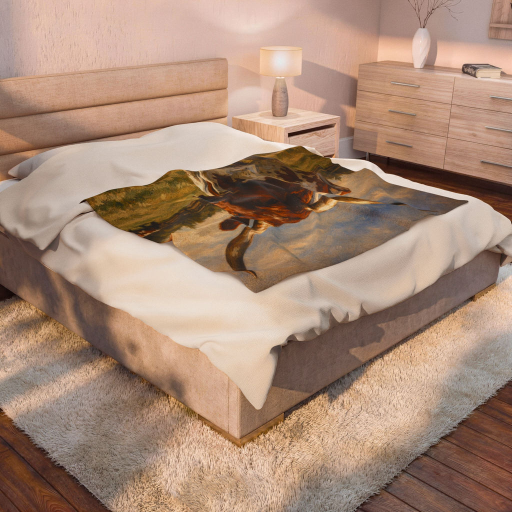 Longhorn Cattle Velveteen Plush Blanket — Western Ranch Rustic Throw