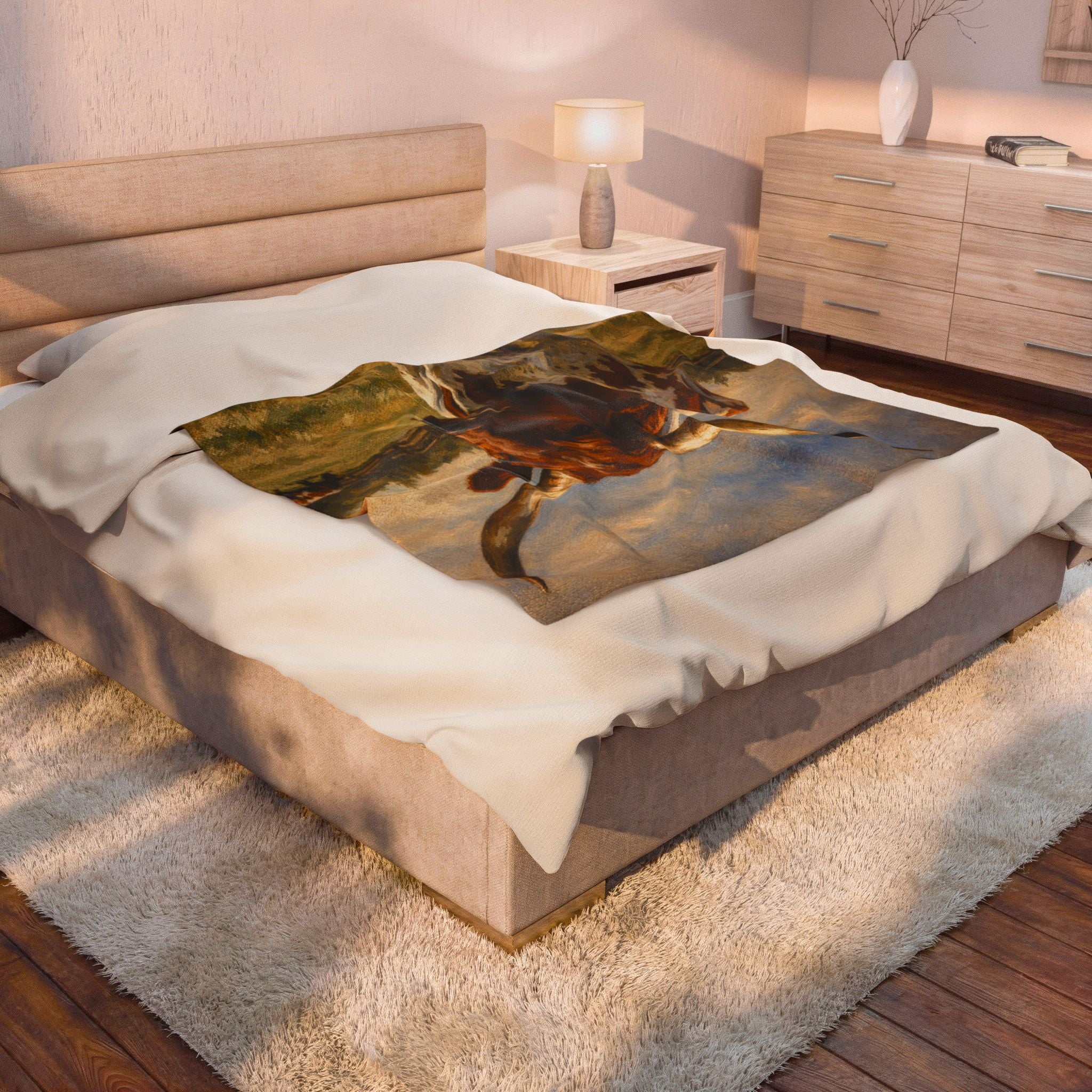 Longhorn Cattle Velveteen Plush Blanket — Western Ranch Rustic Throw