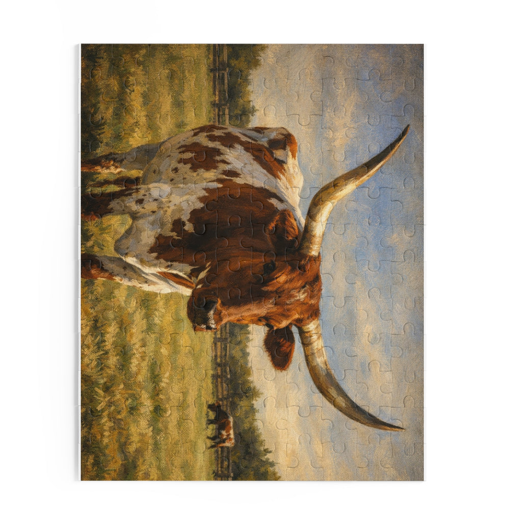 Longhorn Cattle Jigsaw Puzzle – Rustic Farm Landscape (120/252/500-PC)