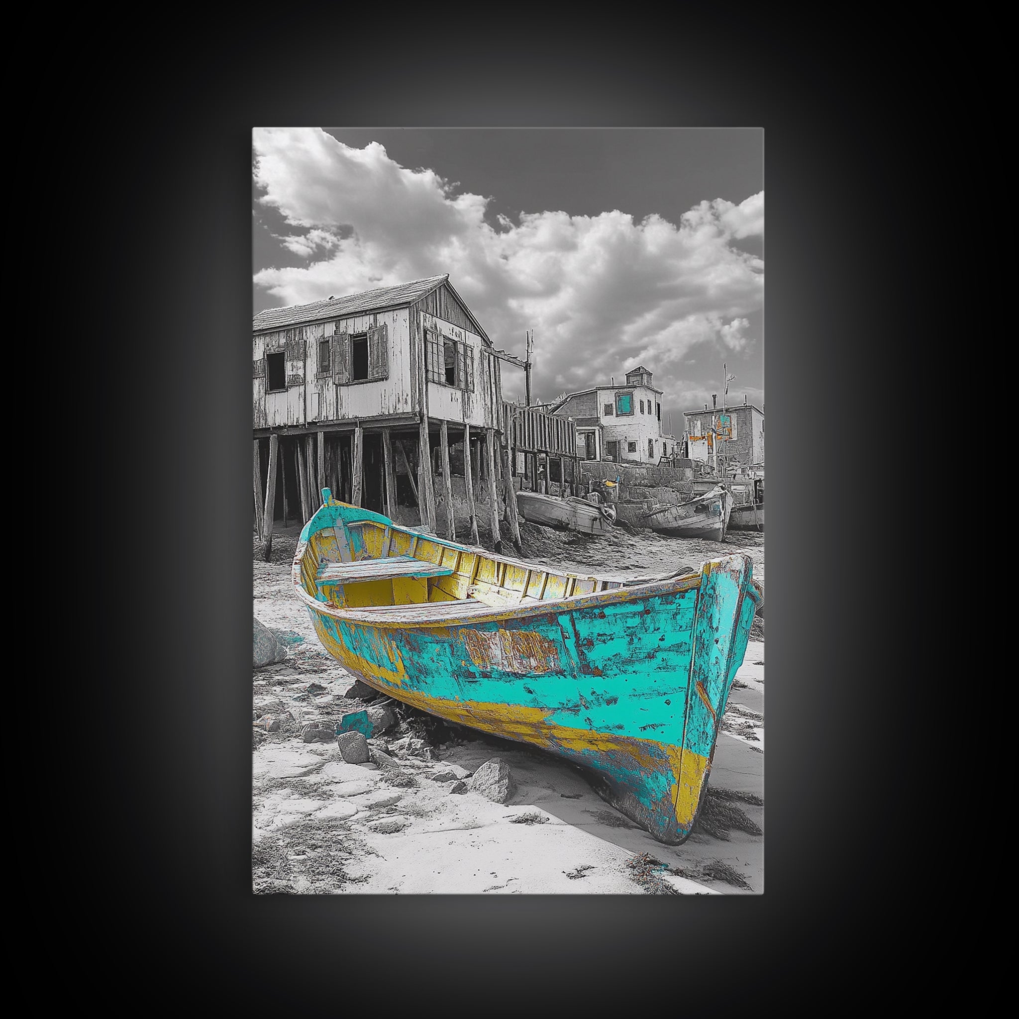 Rustic Boat, Coastal Village, Vintage Shore, Seaside Scene, Framed Canvas Print, Nautical Wall Art, Cottage Decor, Seaside Living