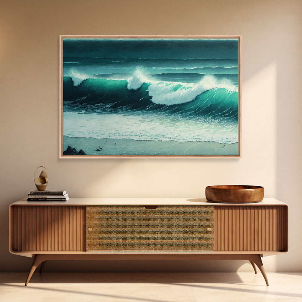 The Monsoon | Beach Art | Framed Canvas Print | Emerald Green Waves | Boho Style Minimalist Painting | Framed Wall Decor Wall Art